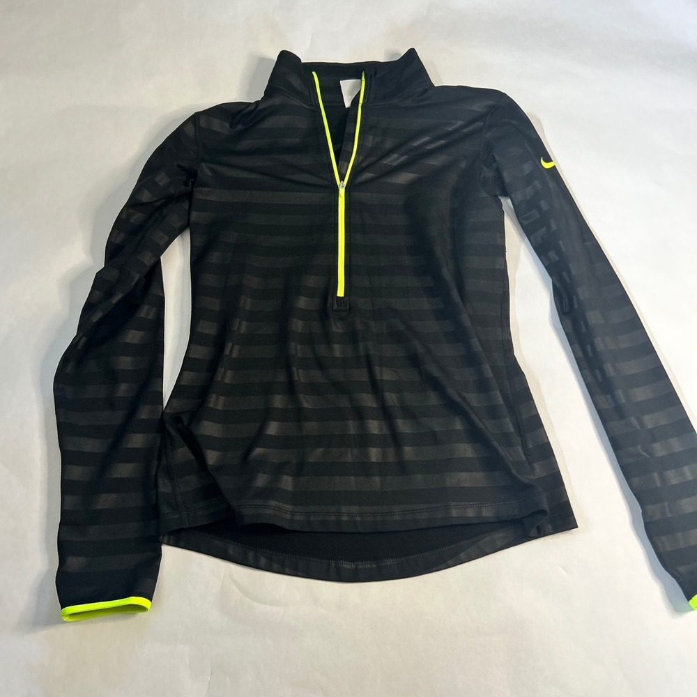 Nike Pro Dri FIT Womens Black Striped‎ Quarter Zip Long Sleeve Athletic Active M